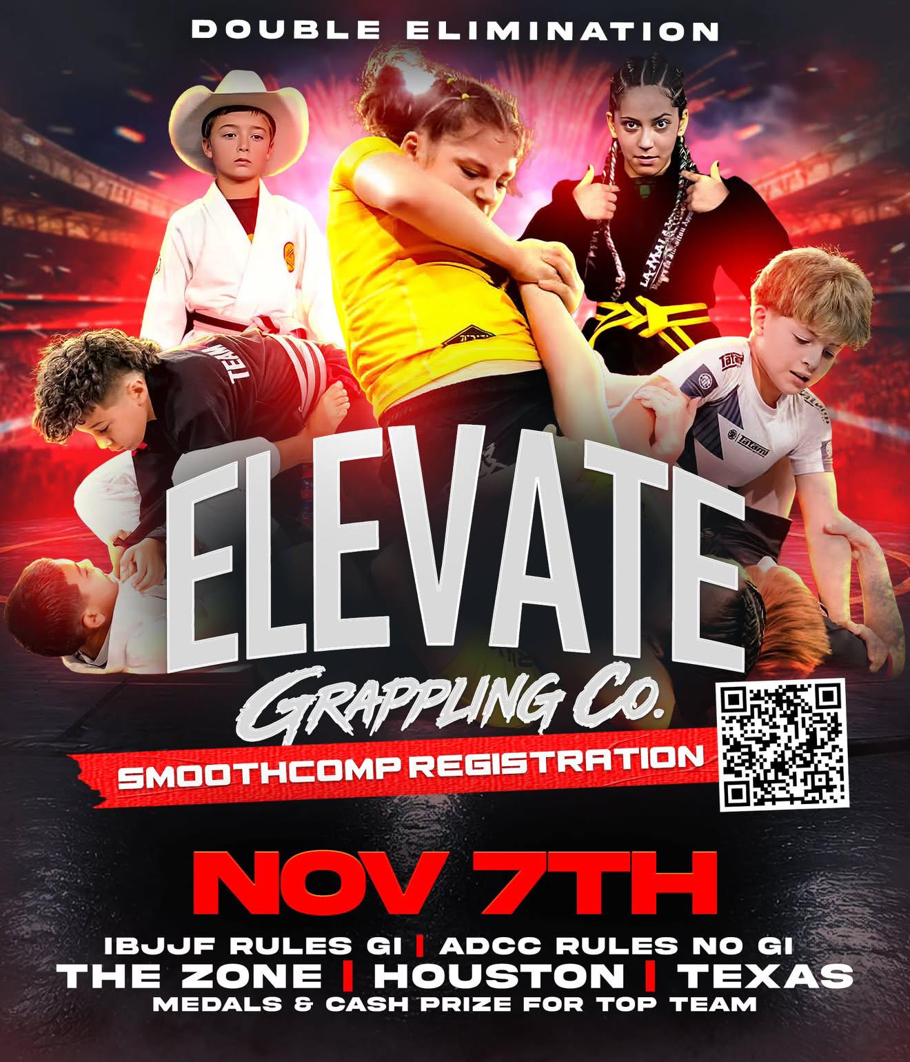 Elevate Grappling Co. tournament kids double elimination divisions, Nov 7, 2026, The Zone, Houston TX, Smoothcomp registration